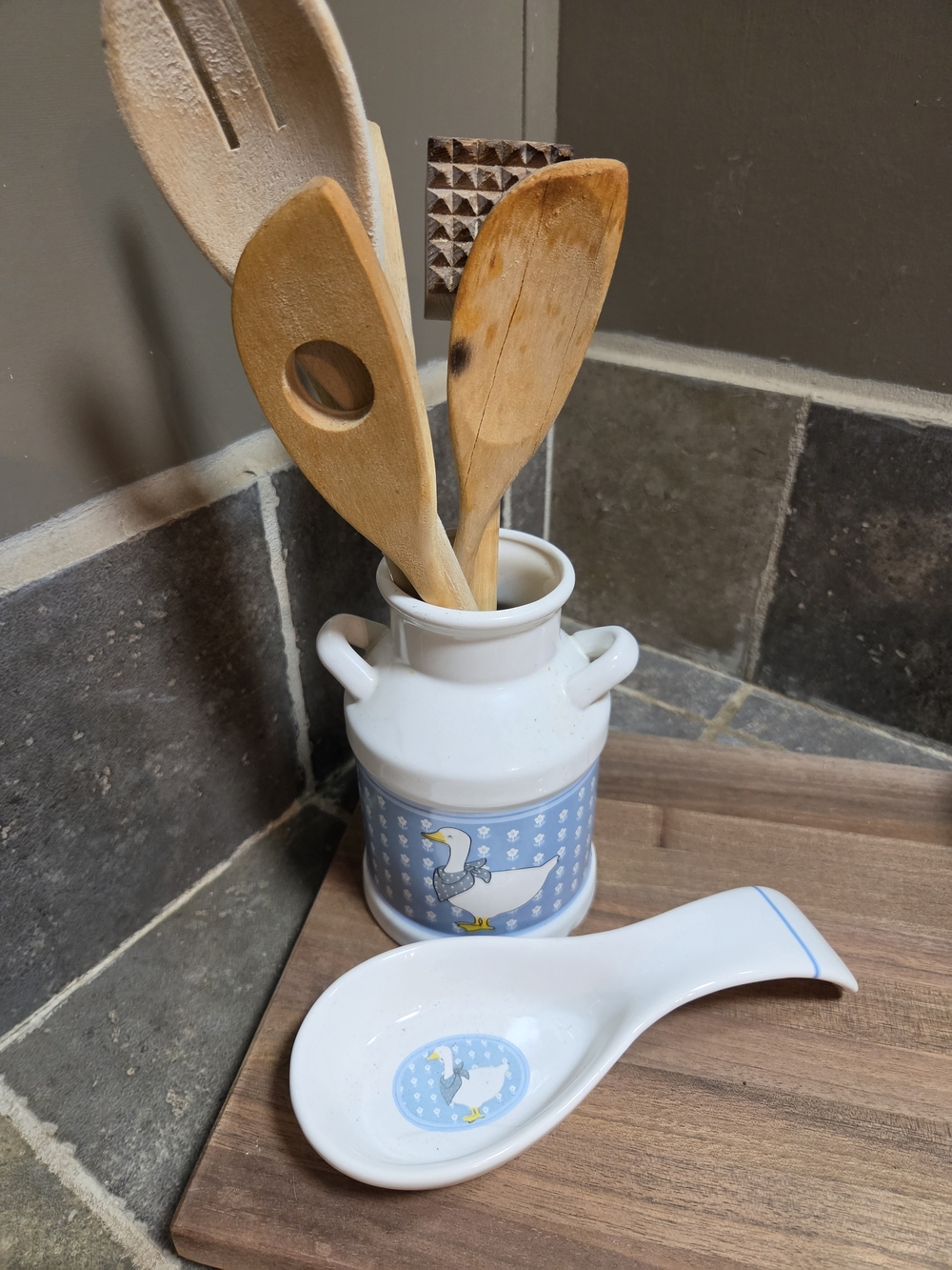 Source Unknown White Ceramic Utensil Crock and Spoon Rest with Blue Goose Detail